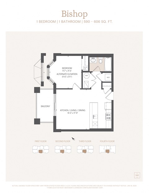 Floor plan for 1 bed, 1 bath, 606 sqft
